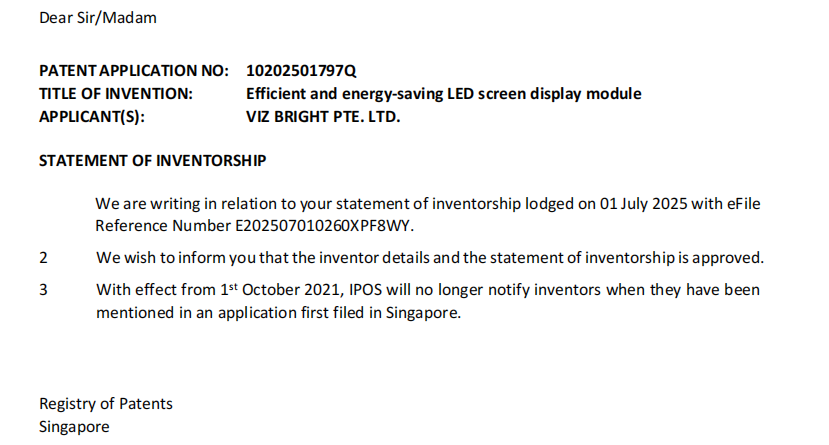 VIZ BRIGHT PTE. LTD Obtains Approval for Its Statement of Inventorship in Singapore